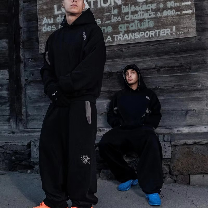 Street Fashion Y2K - 秋冬メンズY2Kストリートウェア ヴィンテージカラーブロック オーバーサイズ ルーズ ドローストリング裾 フード付き長袖2ピーストラックスーツセット